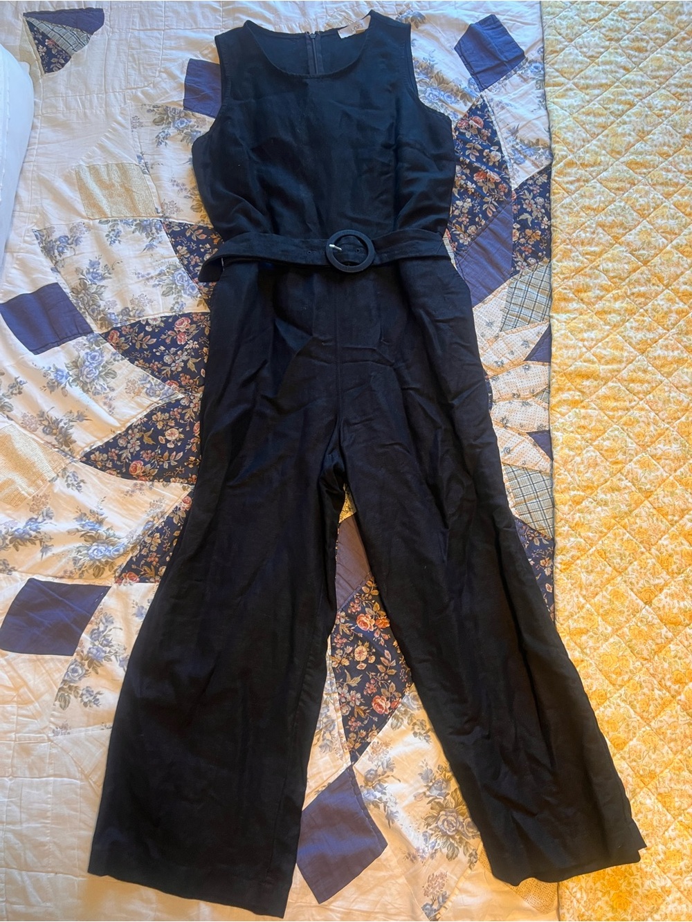 LOFT Black Linen Sleeveless Belted Jumpsuit
